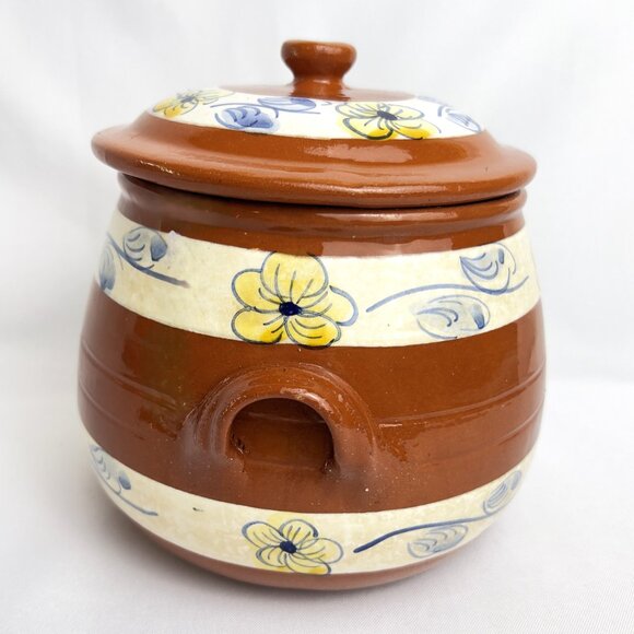 Hand-Painted Vintage Terracotta Pot with Lid Floral Bands Made in Portugal - Picture 3 of 9